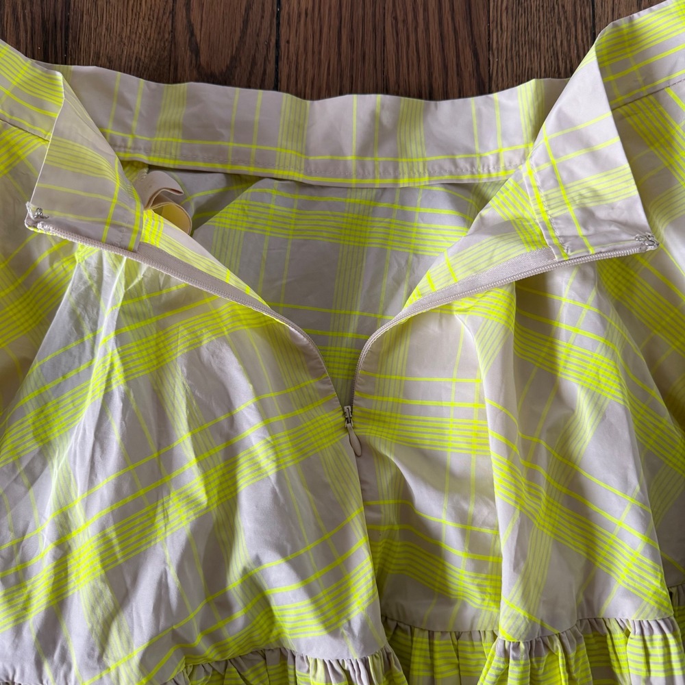 H&M Neon Yellow Plaid Tiered Ruffle Mini Skirt Flared Check Pockets Size 8 - Picture 6 of 11